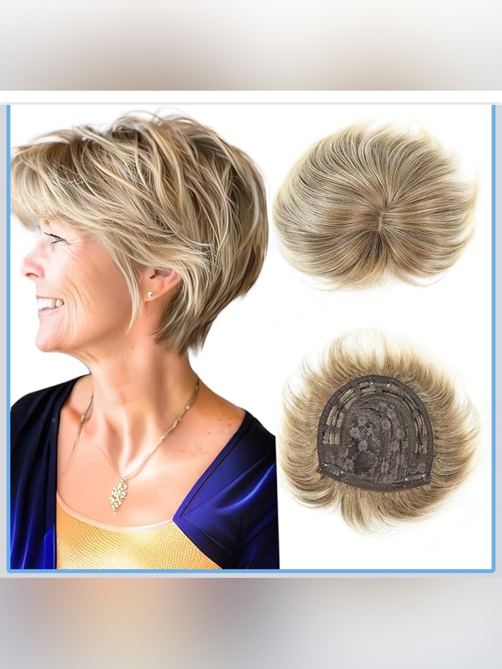 Ombre Blonde Hair Topper,6.5"×6" Large Coverage Short Synthetic 5 Clip inWiglets